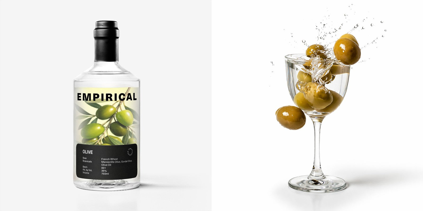 Empirical Olive bottle and olives splashing in a martini glass