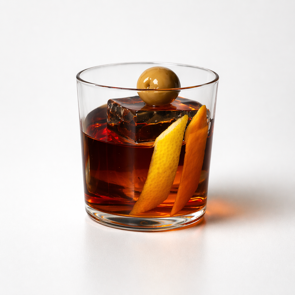 Empirical Olive Negroni in a rocks glass with olive and orange peel garnish